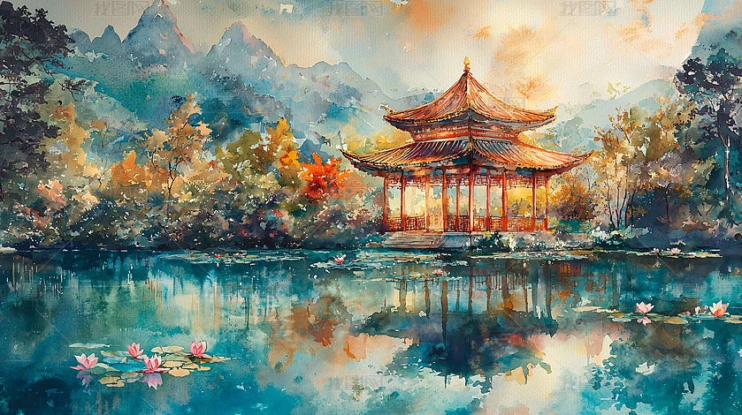 水墨古风国潮山水小镇庙宇楼宇风景画下载-编号32455632