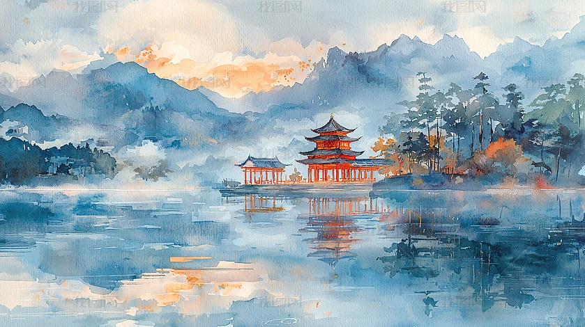 水墨古风国潮山水小镇庙宇楼宇风景画下载-编号32455632