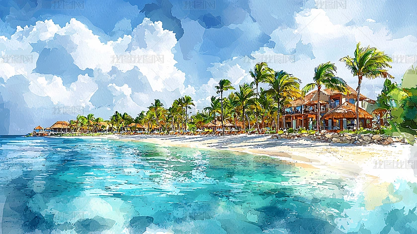 海滩水彩图片大全-海滩水彩背景图片-我图网