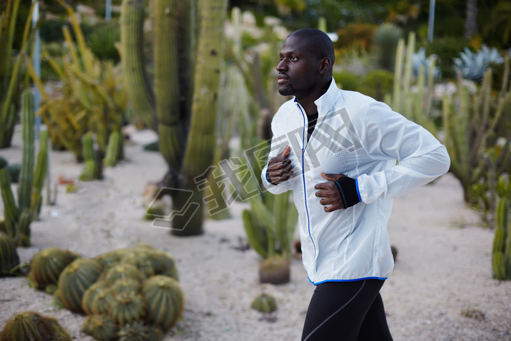 Young fit man in white windbreaker running fast in beautiful park, autumn sport outdoors, attractive
