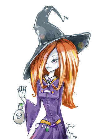 Red-haired witch. Girl in a witch costume with poison in her hands.