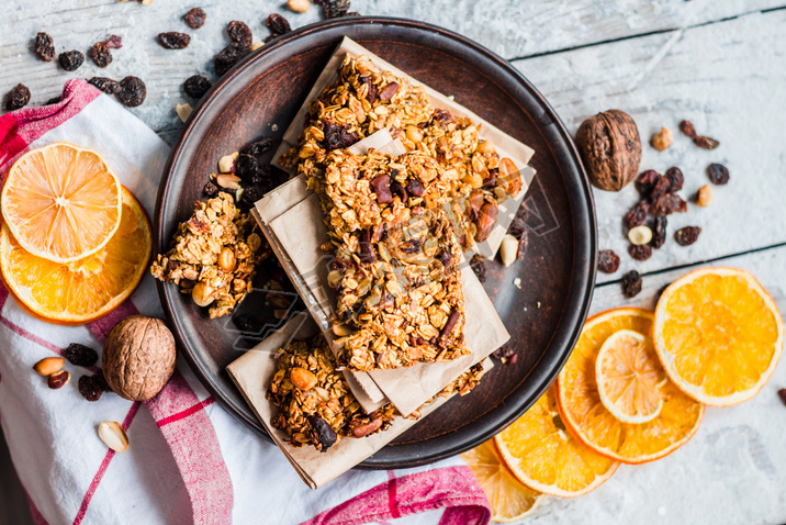 Homemade citrus granola protein bars with peanut butter, honey, 