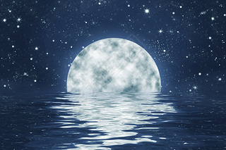Full moon in water with reflection, starry night sky background