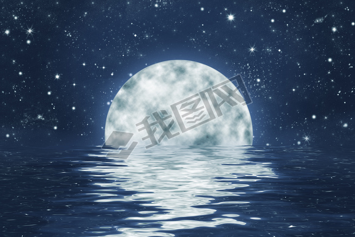 Full moon in water with reflection, starry night sky background