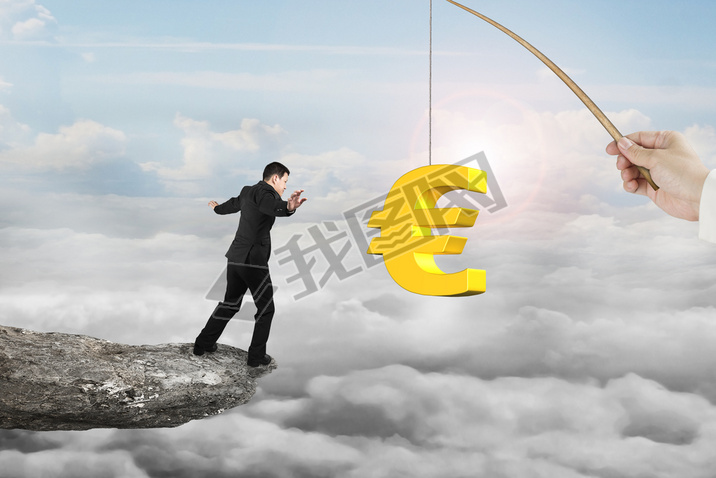 Man balancing golden euro symbol fishing lure with sun clouds