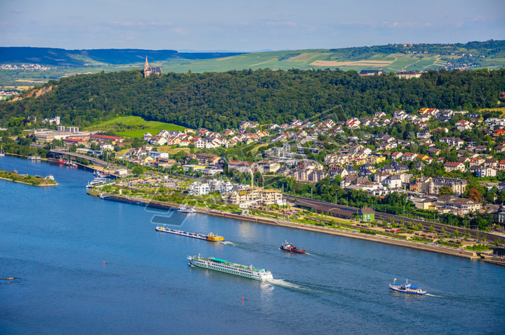 Ships on Rhine river near Bingen am Rhein, Rheinland-Pfalz, Germ