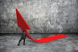 Man pushing red trend 3D arrow up