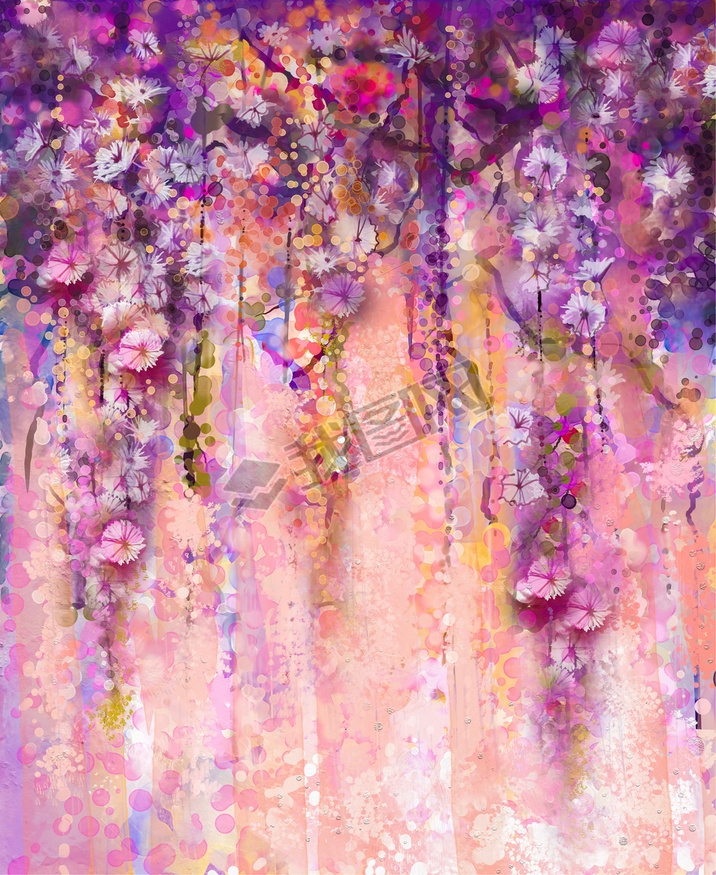 Abstract pink and violet color flowers, Watercolor painting. Hand paint flower Wisteria tree in blos