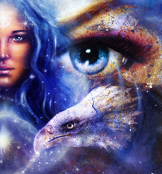 Goddess Woman in space with light stars and eagles head, women  Eye contact, Abstract color backgrou