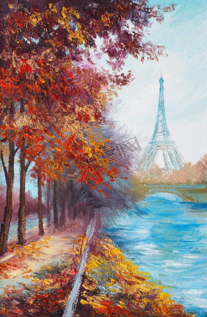 Oil painting of Eiffel Tower, France, autumn landscape