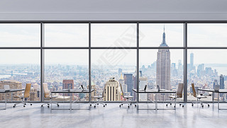 Workplaces in a modern panoramic office, New York city view in the windows, Manhattan. Open space. B