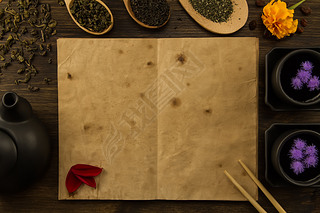 black, Oolong in a spoon, dried apples on the old blank open book on wooden background. Menu, recipe