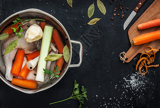 Preparing chicken stock with vegetables in a pot