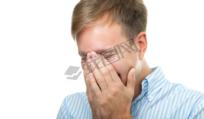 Laughing man hiding the face isolated on white