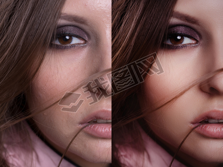 beautiful woman with before and after skin: problem skin with blemishes and clear complexion