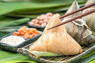 Close up, copy space, famous chinese tasty food in dragon boat (duan wu) festival, steamed rice dump