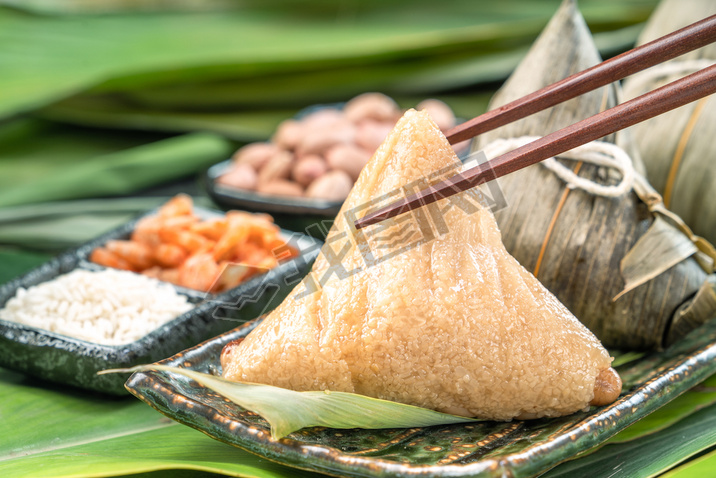 Close up, copy space, famous chinese tasty food in dragon boat (duan wu) festival, steamed rice dump