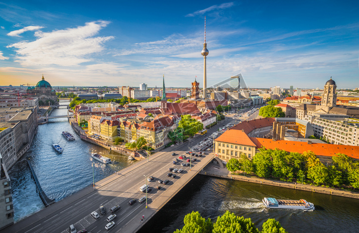 Berlin skyline panorama with Spree river at sunset, Germany