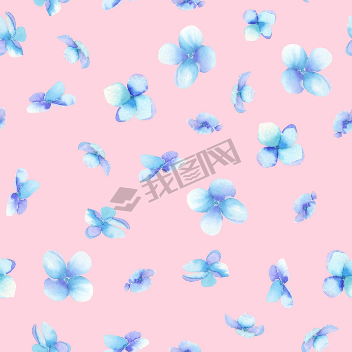 A seamless pattern with the blue flowers (Myosotis), painted in a watercolor on a pink background