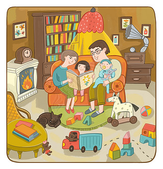 family: mom, dad, son and daughter sitting in a cozy room and read a book