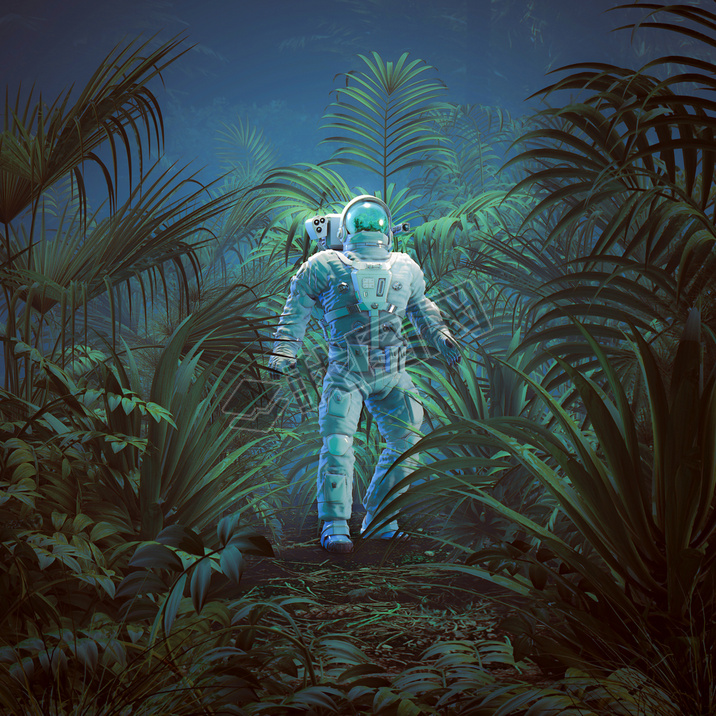 Back to nature / 3D illustration of science fiction scene showing astronaut exploring lush tropical 