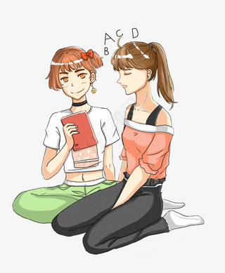 手绘插画两个女孩努力背书