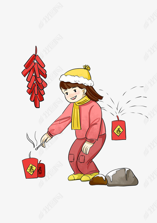新年放烟花可爱女孩插画