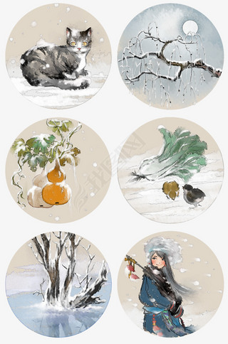 中国风水墨画猫咪枣树冰湖枯木雪景图