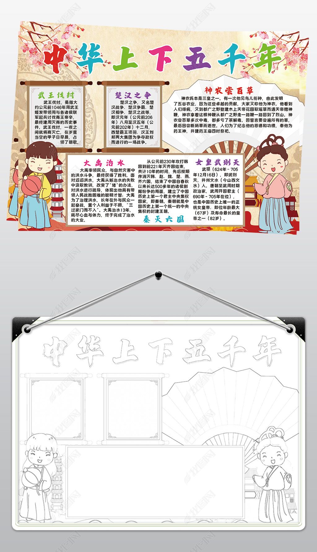 原创中华上下五千年小报模板历史线描手抄报素材