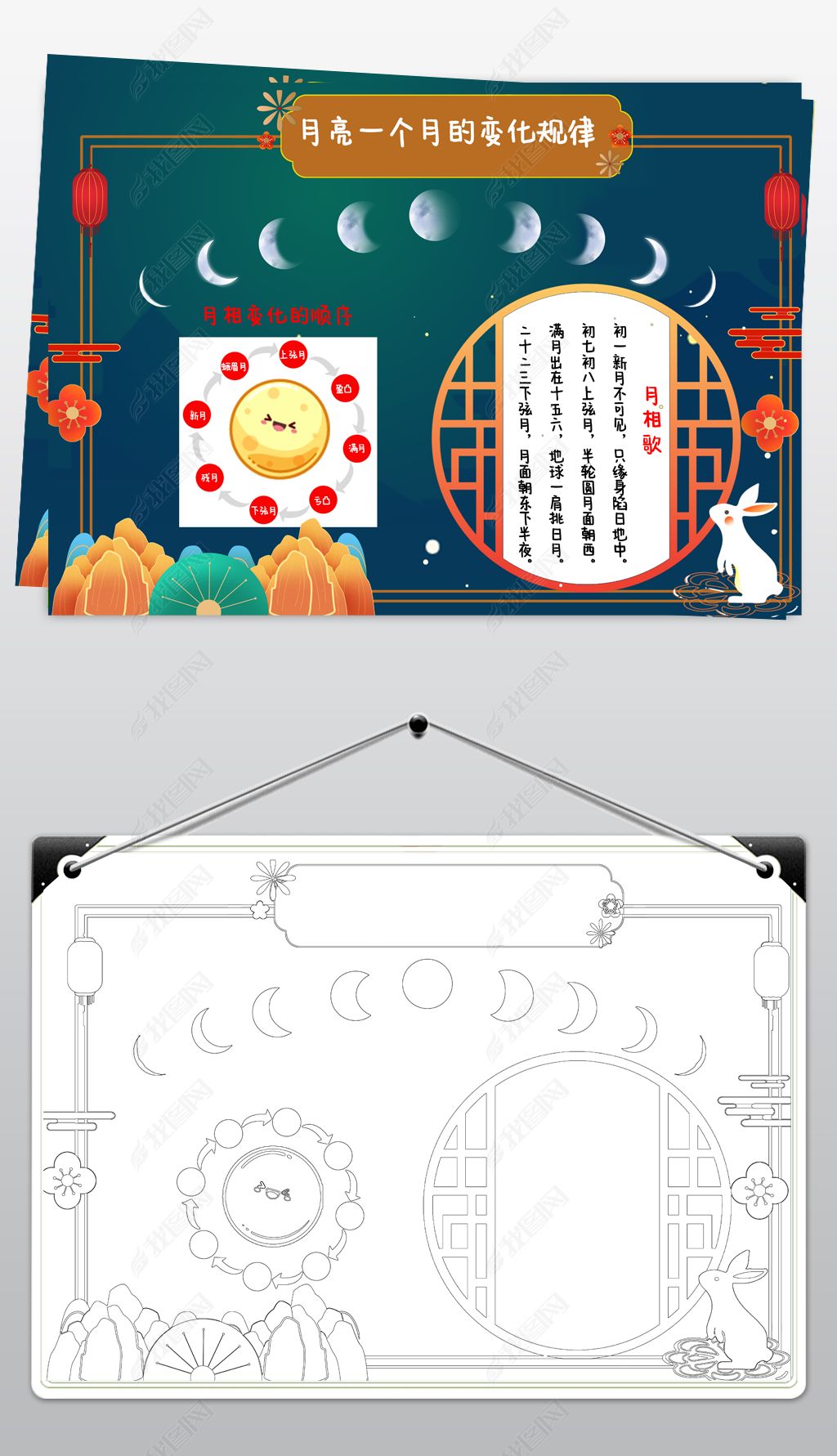 原创月亮变化规律手抄报月相小报月相电子小报模板-版权可商用