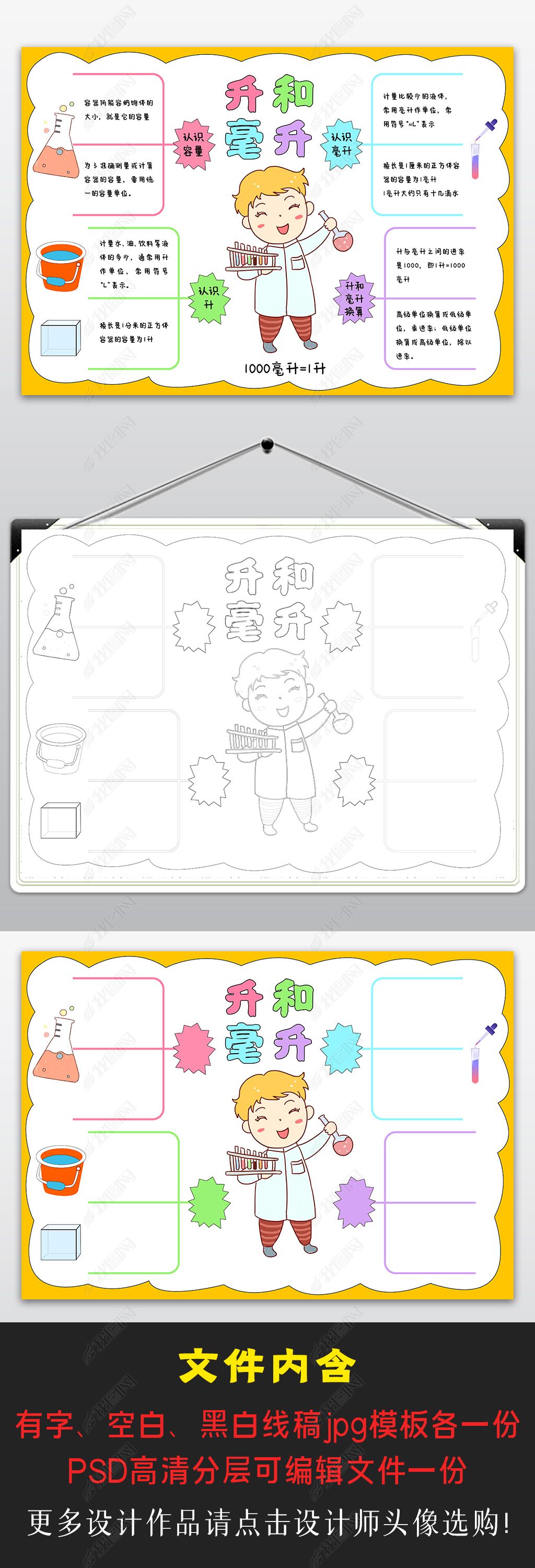 原创升和毫升思维导图手抄报小学生四年级数学小报-版权可商用