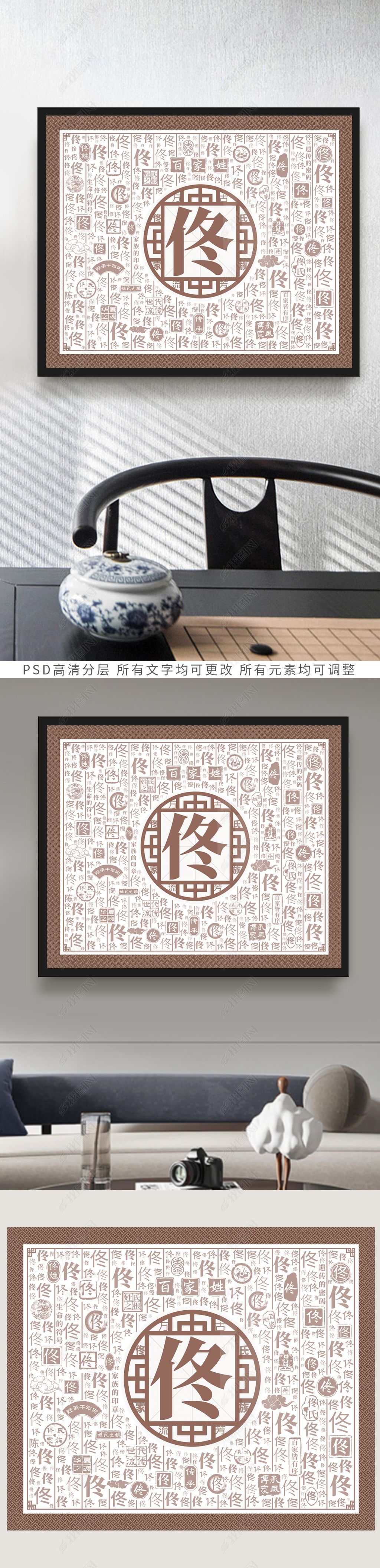 原创百家姓创意装饰画百家姓佟版权可商用