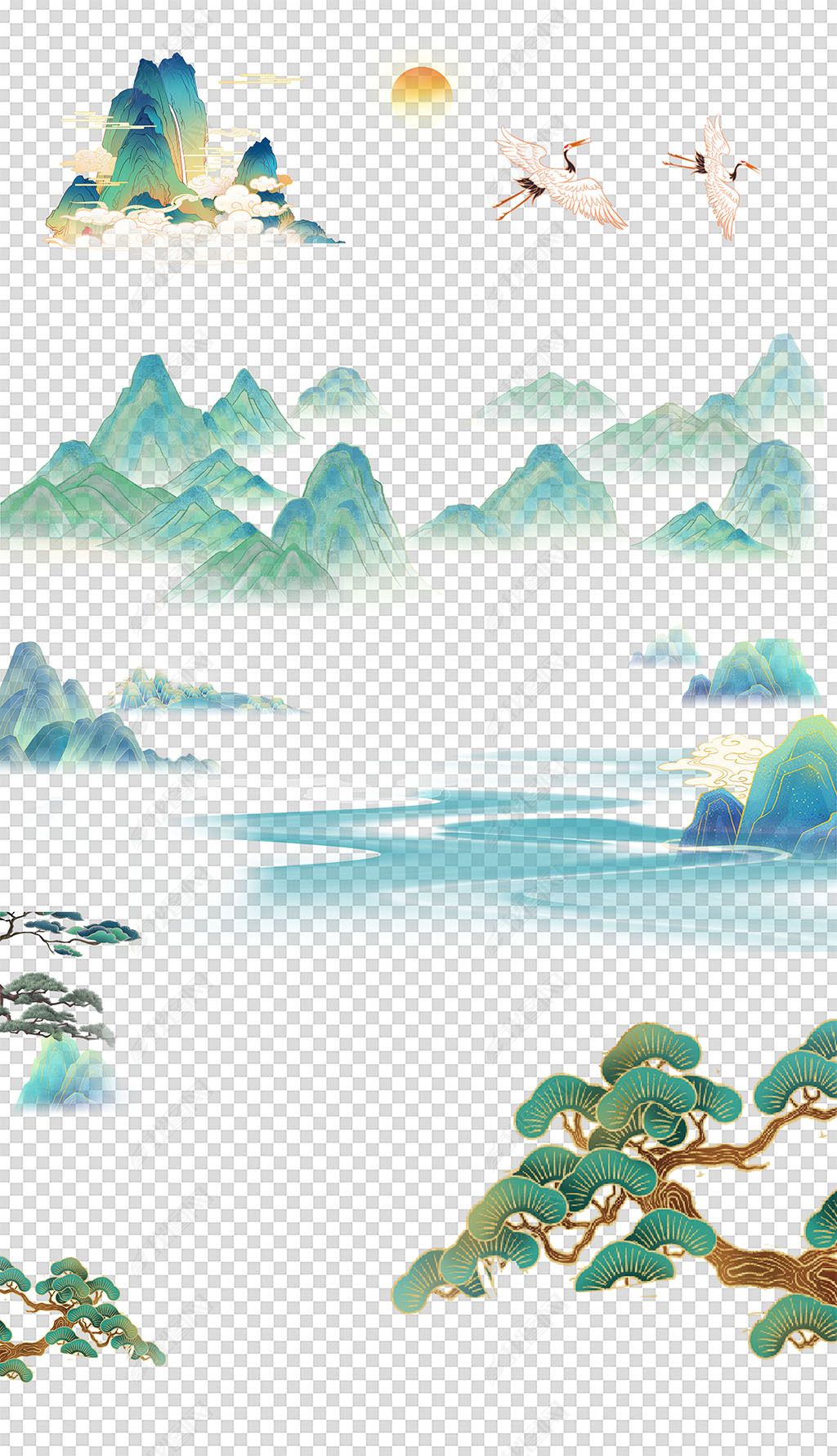 原创中国风新中式元素国潮山纹国潮祥云太阳飞鹤免抠素材-版权可商用