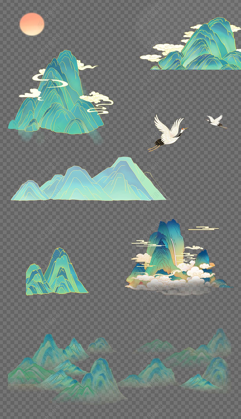 原创中国风新中式元素国潮山纹国潮祥云太阳飞鹤免抠素材-版权可商用