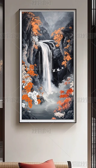 水墨瀑布 ink-painting-featuring-pagoda-