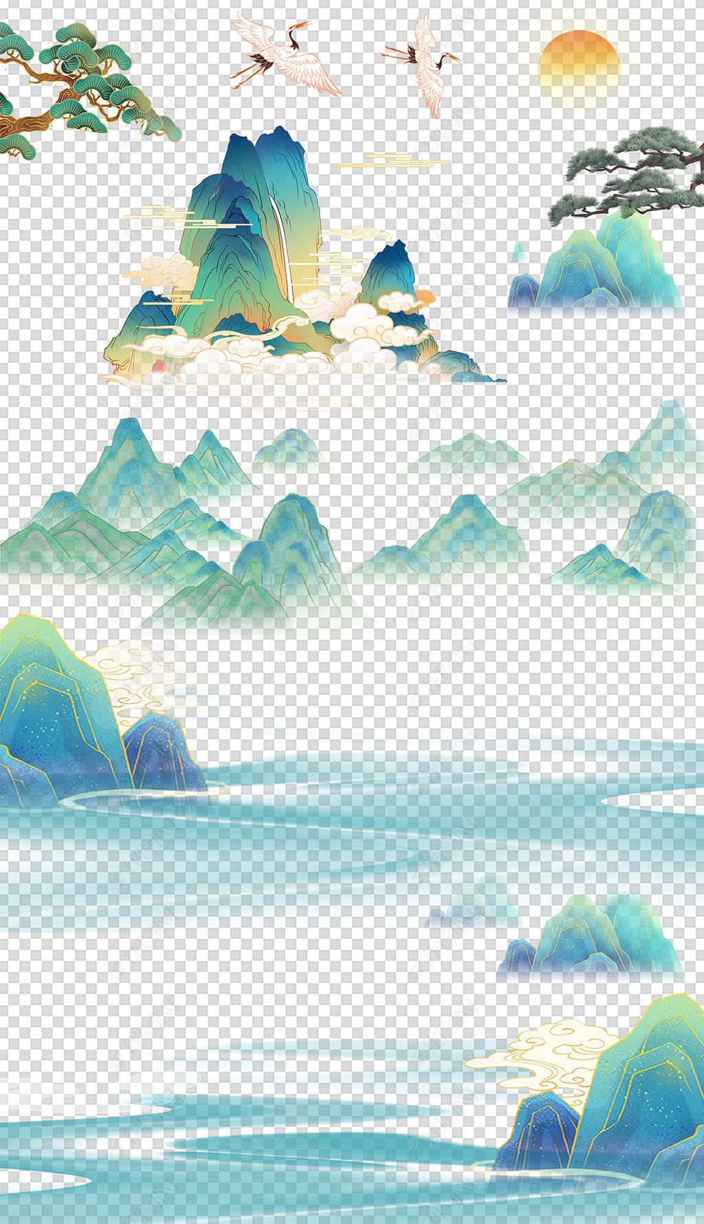 原创中国风新中式元素国潮山纹国潮元素飞鹤免抠素材-版权可商用