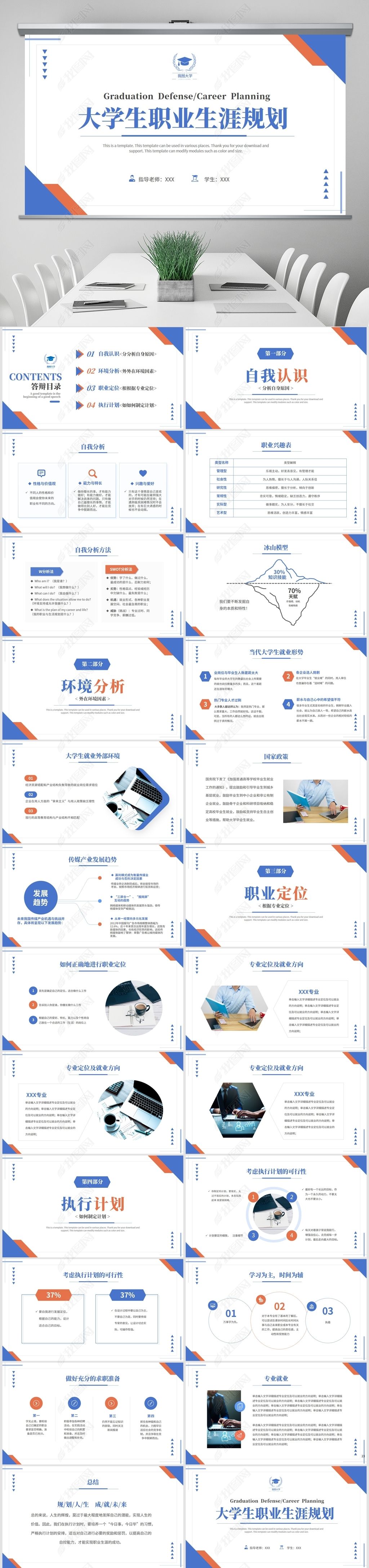 原创大气简约大学生职业生涯规划培训课件ppt模板-版权可商用