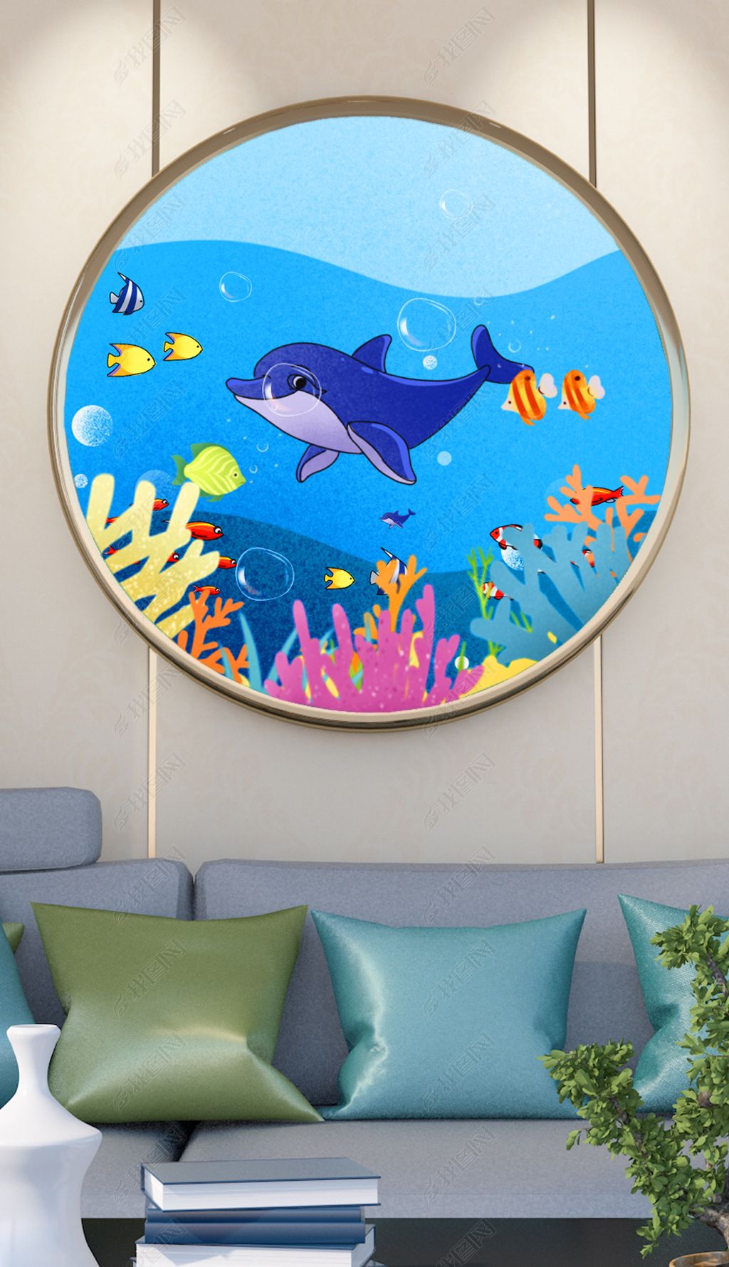 原创唯美卡通海底海豚玄关客厅圆框装饰画-版权可商用