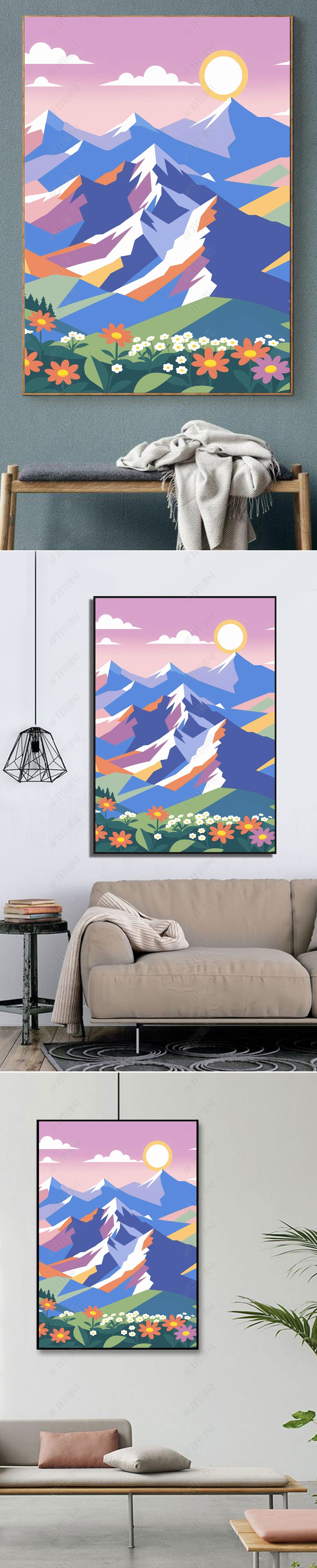 原创2024低饱和度室内装饰简约卡通风景装饰画-版权可商用