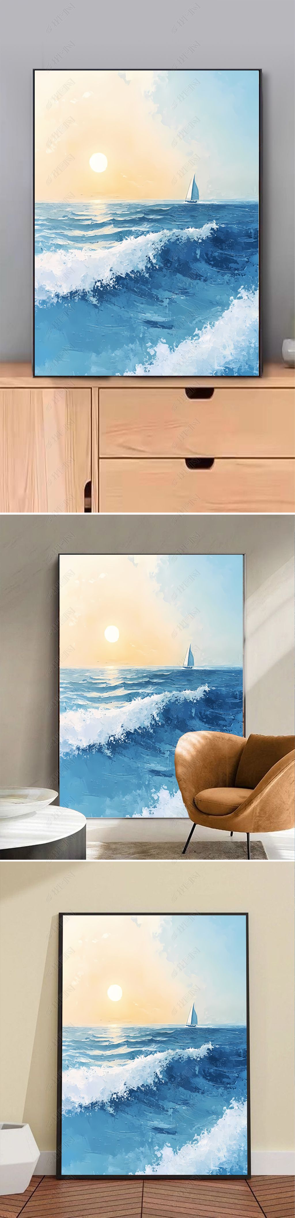 原创现代简约手绘油画海浪帆船侘寂风玄关装饰画