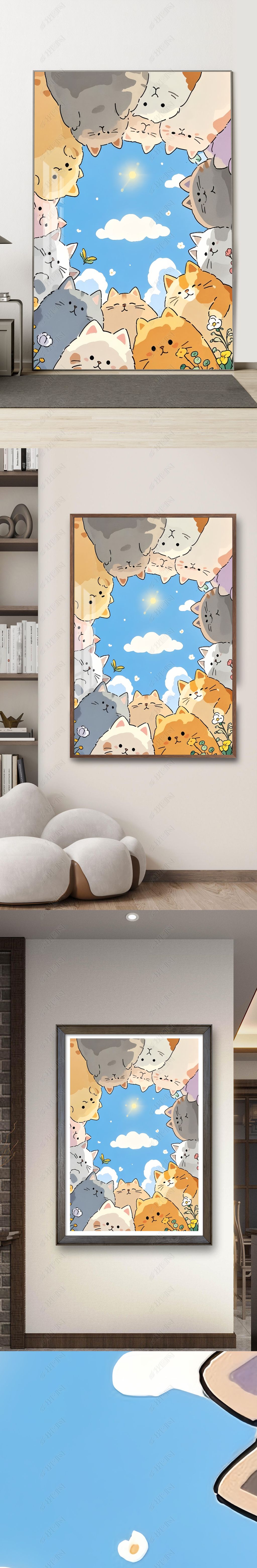 原创治愈系风格卡通猫咪动漫风格简笔画手绘温馨装饰画