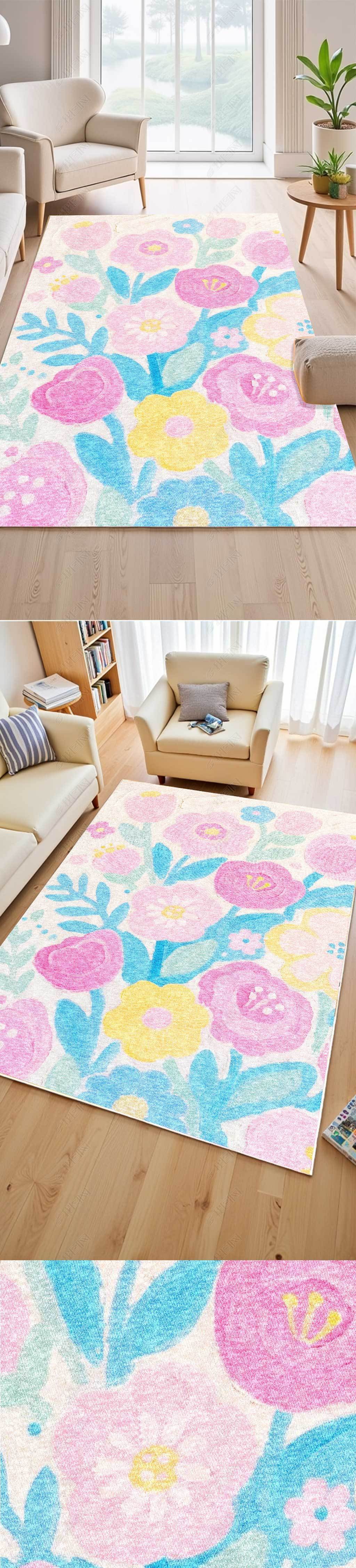 原创艺术家色彩卡通地毯水彩花朵客厅地毯沙发地毯图案