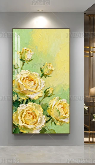 油彩画　【花】　抽象 抽象五颜六色的油画在画布上. 半抽象的花朵图像，黄色和红色与蓝色