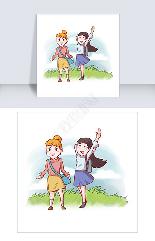 卡通手绘闺蜜郊外开心踏青创意海报