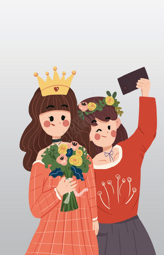 手绘卡通两个女孩手拿花朵拍照元素