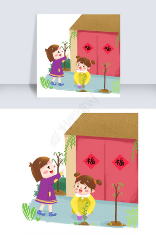 卡通清明节习俗门前插柳