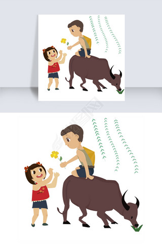 在牛背上送花的牧童