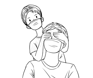 戴口罩蒙眼的父子