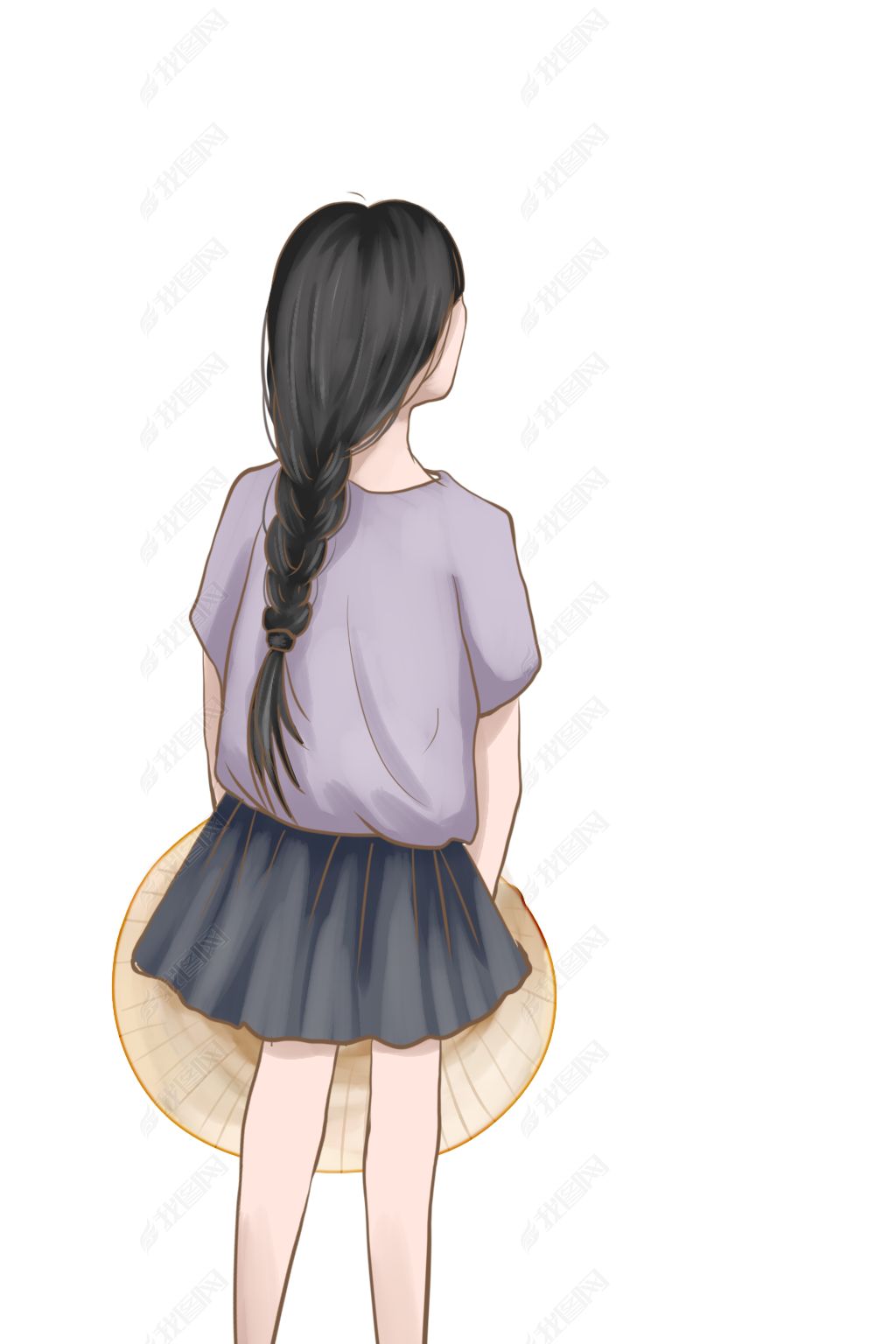 麻花辫女孩背影