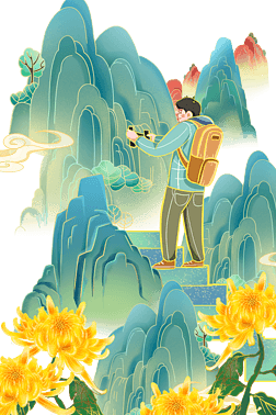 重阳节登高卡通国潮